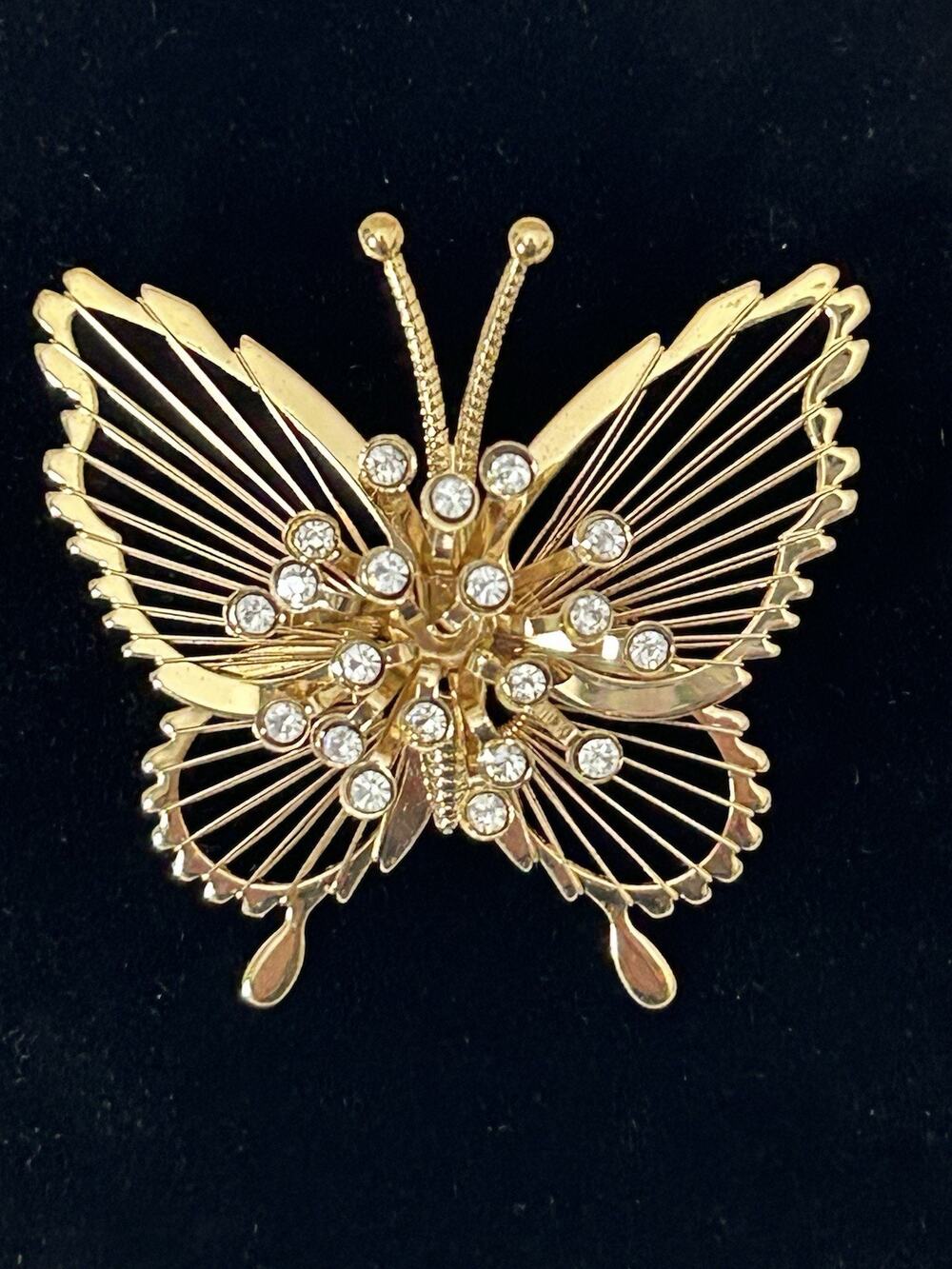 Lovely Gold Tone Rhinestone Butterfly Brooch By Monet